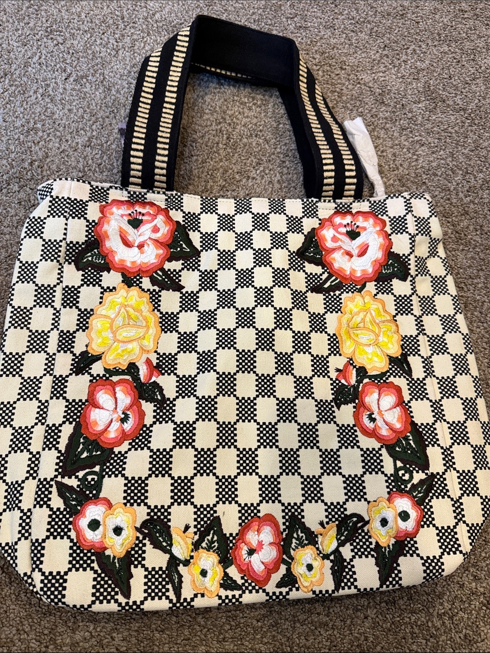 Wyeth x Frida Kahlo Embroidered Floral Checkerboard Tote Bag - Black & White